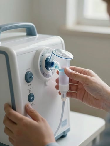 Close-up of respectful hands-on demonstration of a medical oxygen concentrator, soft natural morning light, focusing on clear controls and gentle guidance.