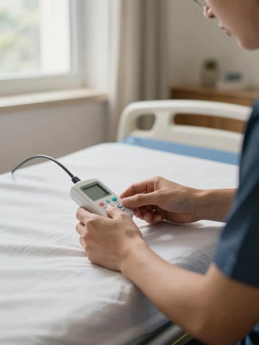 Intimate close-up of a technician's hands gently adjusting a clean home care bed controller, soft window light, warm domestic bedroom setting.