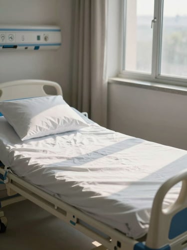 Soft window light illuminating a clean, ready-to-use hospital bed in a quiet home setting, focusing on the neat, professional setup with no people visible.