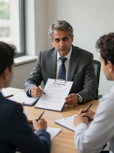 Medium shot of an advisor at a conference table in a Jaipur office presenting a group health plan document to two business owners, natural daylight from the left, open binders visible on the table