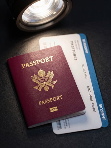 Close-up of a passport and travel insurance documents arranged neatly on a dark desk, boarding pass visible to the side, controlled studio lighting from above