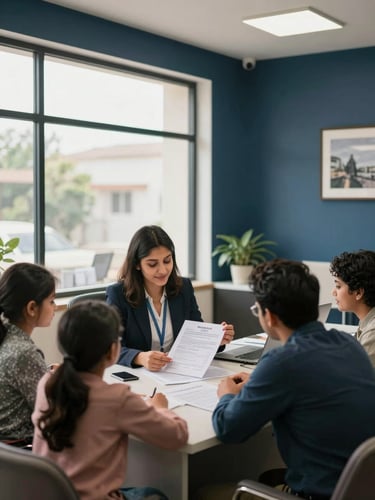 Wide shot of a Jaipur insurance office interior, an advisor seated across a consultation table from a family reviewing policy documents, north-facing daylight through large windows, navy-toned walls, professional and warm atmosphere