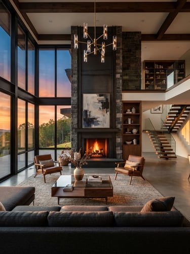 Wide-angle architectural photograph of a luxury modern living room in Johnson City, high ceilings, warm evening light pouring through floor-to-ceiling windows, clean lines, high contrast, sharp editorial photography, dramatic golden-hour light, high contrast charcoal tones, 35mm architectural lens.