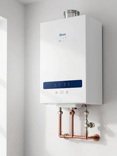 A newly installed modern boiler system mounted on a clean white utility room wall, copper piping neatly aligned below, crisp daylight, 35mm