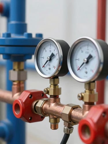 Tight macro shot of clean copper pipework and pressure gauges, bright daylight, professional blue and red tones, 35mm