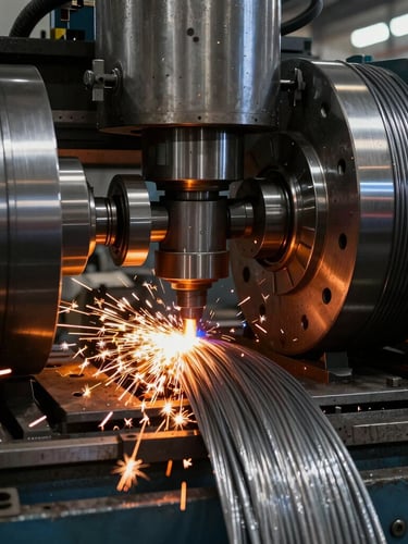 Extreme close-up of a heavy-duty CNC coiling machine bending a thick steel wire under high pressure, high-contrast industrial lighting, metallic textures and orange sparks, raw factory environment.