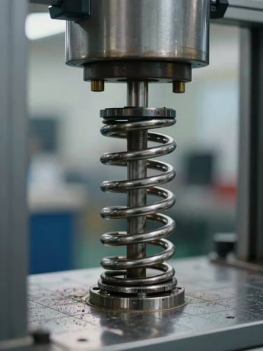 Extreme close-up of a heavy-duty industrial spring being compressed under a hydraulic load tester, metallic surface reflecting harsh industrial light, technical grid overlay.