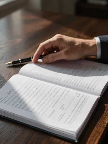 Hands resting on an open financial ledger on a dark wood desk, fountain pen beside the document, window light casting a soft diagonal shadow across the page, no faces visible, documentary framing
