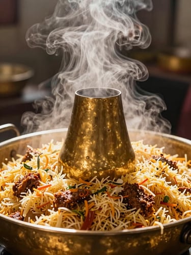 Close-up of a giant brass uruli steaming with fresh aromatic biryani in a traditional wood-fired kitchen, golden light illuminating the rising steam, warm and celebratory.