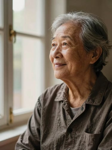 Warm editorial photography, soft natural window light, rich organic tones, shallow depth of field, 35mm. A dignified portrait of a patient in a warm domestic setting, looking out of a window with a hopeful expression.