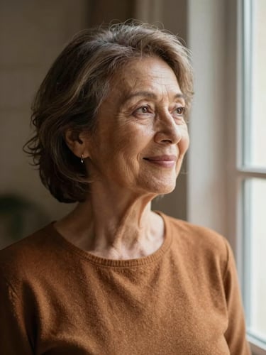 Dignified portrait of an older woman looking out of a window with a soft smile, warm natural light, rich organic tones, shallow depth of field, 35mm