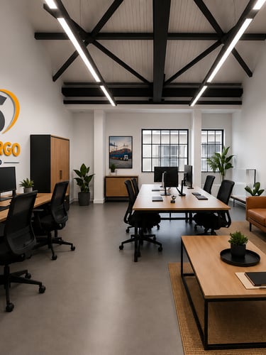 Modern Y5 Anh Cargo Limited logistics office interior with wooden desks, leather sofa, and industrial ceiling.