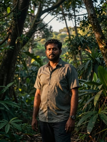 Dramatic golden hour portrait of a Malayalam film director standing amidst the dense green foliage of the Western Ghats, low-key natural light filtering through the canopy, cinematic atmosphere.