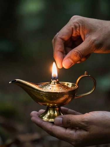 Close-up of hands gently lighting a traditional brass oil lamp, warm golden glow illuminating the raw texture of the metal, dark moody forest background, intimate cinematic framing.