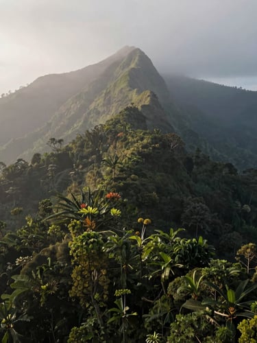 Cinematic wide shot of the misty Western Ghats mountain peaks at dawn, dense green forest canopy below, low-key natural lighting, atmospheric fog.