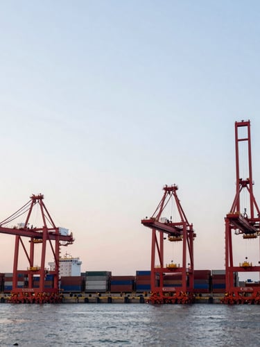 Wide environmental shot of a modern deepwater cargo port at dawn, massive red container cranes framing the horizon, sharp architectural lighting, 35mm corporate style