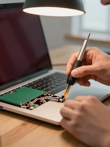 Close-up of precise hands using a specialized tool to attach a delicate ribbon cable inside a laptop chassis, warm overhead workspace lamp, clean wooden surface, highly focused, professional setting.