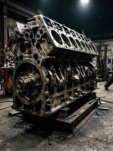 Low-angle high-contrast shot of a heavy-duty diesel engine block, metallic highlights, deep shadows, gritty industrial workshop environment.