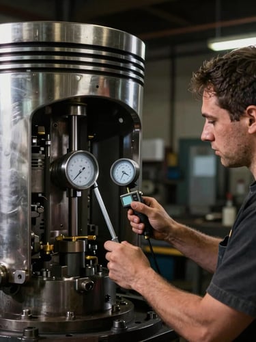 A technician measuring a massive diesel engine piston with a digital micrometer inside a dimly lit Spokane Valley workshop, dramatic metallic highlights, sharp details