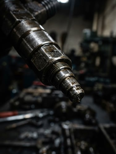 Macro photography of a heavy-duty diesel fuel injector nozzle, high-contrast workshop lighting, metallic highlights, sharp details