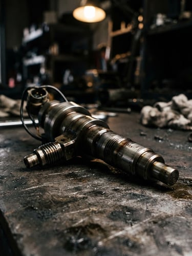Gritty close-up of a machined diesel fuel injector on a dark metal workshop bench, dramatic high-contrast workshop lighting with metallic highlights, 50mm lens, shallow depth of field.