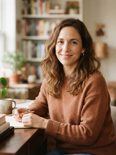 Warm, authentic portrait of Alexia looking directly at the camera with a soft, reassuring smile, cozy home office in soft focus background, morning light.