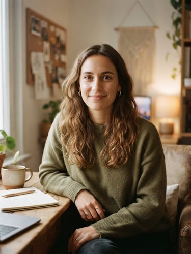 Warm, natural portrait of Alexia looking directly at the camera with a soft, reassuring smile, cozy home office setup in background, soft morning window light, muted earthy tones, shallow depth of field, 35mm film feel.