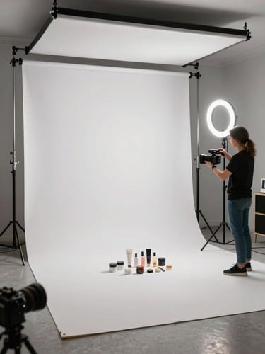 Wide studio floor shot, professional lighting rigs and camera equipment in motion, crew member adjusting a ring light over a white seamless backdrop with skincare products arranged in a flat lay, cool neutral LED overhead, equipment cables visible, no models