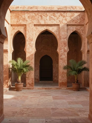 Intérieur d'un riad marocain traditionnel, patio ensoleillé avec des arches en tadelakt et des plantes vertes, lumière dorée filtrant à travers les moucharabiehs, textures organiques.