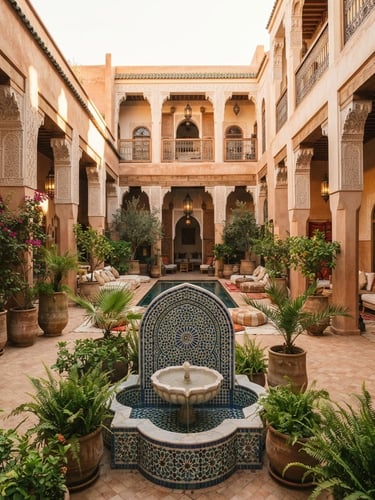 Wide shot of a sun-drenched riad courtyard in Marrakech, intricate zellige fountain in the foreground, soft shadows cast by arches, terracotta pots with lush plants, golden hour light, warm editorial architectural photography, organic textures, terracotta and sand tones, medium format, 35mm lens.