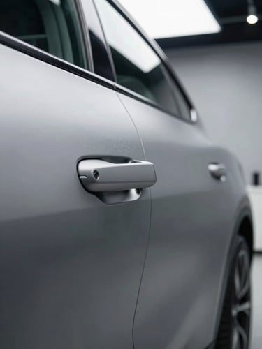 Extreme close-up macro shot of premium matte vinyl wrap being tucked flawlessly behind a door handle of a modern luxury electric vehicle, sharp overhead studio lighting reflecting off the surface, clinical dust-free workshop in background