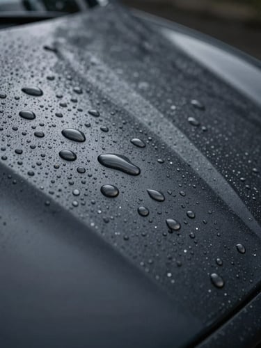 Extreme macro close-up of water beading perfectly on a charcoal vinyl hood under sharp linear studio lighting, demonstrating surface tension and lack of orange peel.