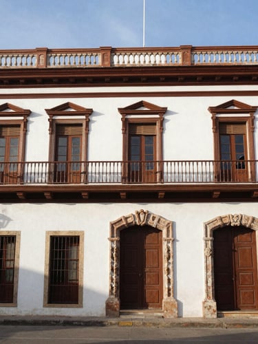 Vertical portrait of a historic colonial building facade in Yauco with ornate balconies, warm afternoon sun, bright natural daylight