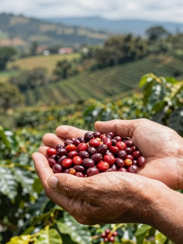 Close-up of hands holding freshly harvested red coffee beans in a Yauco plantation, bright natural daylight, rich realistic colors.