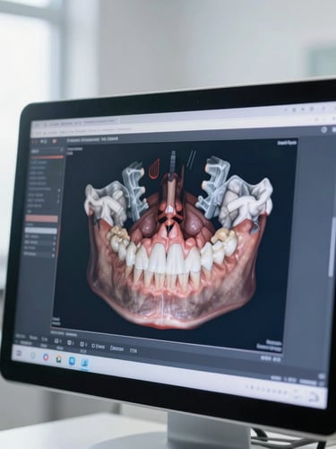 Close-up of a modern surgical planning software showing a 3D dental scan on a screen, clean clinical background, soft natural light, professional 35mm