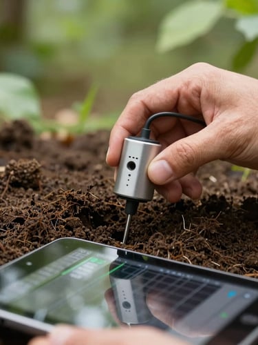 Close-up of hands holding a soil moisture sensor inserted into rich dark earth, a digital tablet displaying real-time data plots in the foreground, bright natural daylight, soft-focus green foliage.