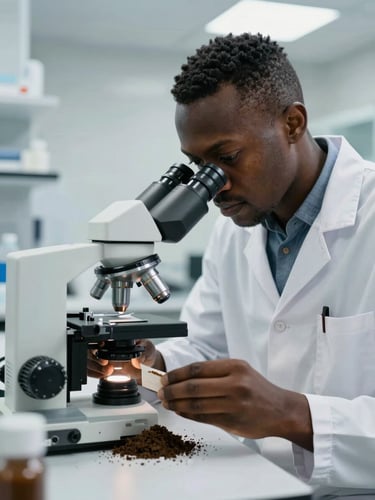 A Cameroonian researcher in a bright, modern laboratory analyzing soil samples under a microscope, clean clinical lighting, close-up composition.