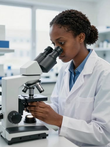 A Cameroonian female researcher in a bright, modern laboratory looking into a high-powered microscope, natural clean window light, highly professional clinical setting.