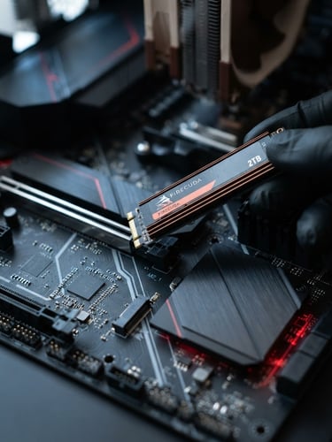 Macro close-up of a high-speed NVMe SSD being slotted into a modern motherboard, crisp technical photography, clean daylight with red LED highlights, 50mm