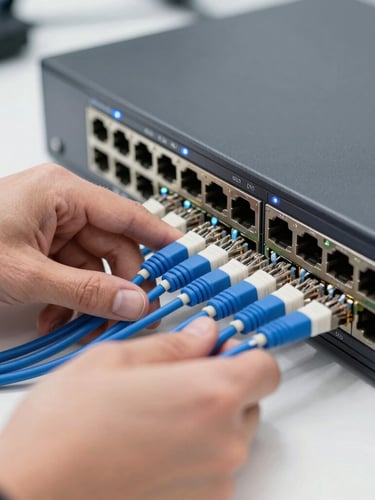 Close-up of professional hands configuring a high-end network switch, neatly structured Ethernet cables, clean technical workspace, crisp focus, 50mm