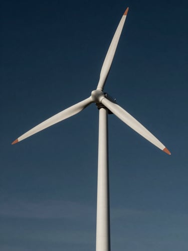 Crisp low-angle shot of a sculptural white spiral wind turbine spinning silently against a deep twilight sky, high-contrast lighting.