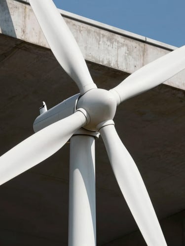 Close-up of a white spiral vertical axis wind turbine blade, clean fluid curves catching crisp daylight, architectural concrete roof edge in the background, sharp shadows