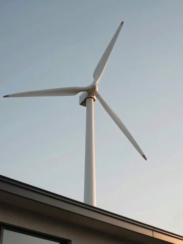 Low-angle architectural shot of a white spiral vertical axis wind turbine mounted on a modern villa roofline, crisp daylight, high-contrast shadows against a clear sky.