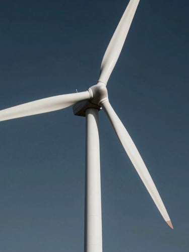 A crisp architectural elevation of a white spiral wind turbine against a deep twilight sky, clean geometric lines.