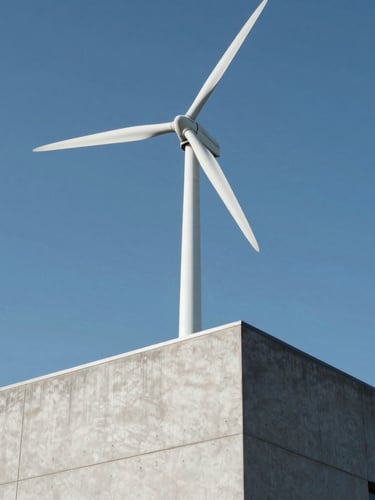 Low-angle architectural shot of a sleek white spiral vertical-axis wind turbine mounted on the corner of a minimalist concrete rooftop, bright daylight, high-contrast shadows, crisp blue sky background.