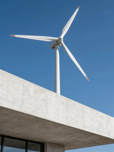 Low-angle architectural shot of a modern white concrete villa under a bright blue sky, with a single sleek white spiral wind turbine integrated seamlessly into the rooftop edge.