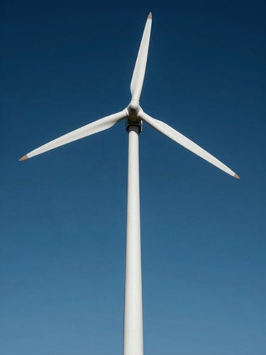 A clean technical CAD-style render of a white spiral vertical wind turbine silhouette, high-contrast crisp daylight, deep blue background, architectural elevation framing.