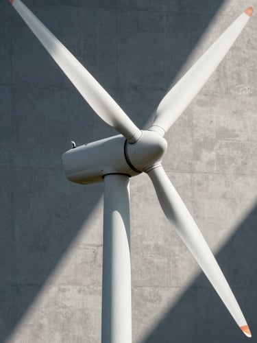 Close-up of a white spiral wind turbine blade catching sharp daylight, casting geometric shadows on a concrete wall.