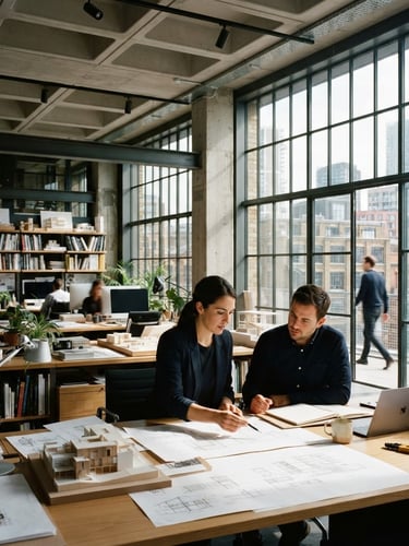 Architectural office space with high-contrast natural light, deep shadows, concrete and glass structures, warm champagne accents, medium format film.