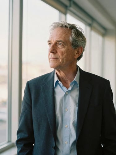 Candid medium-close portrait of a senior business consultant in a sunlit architectural office, looking thoughtfully out a window, warm tones, medium format film